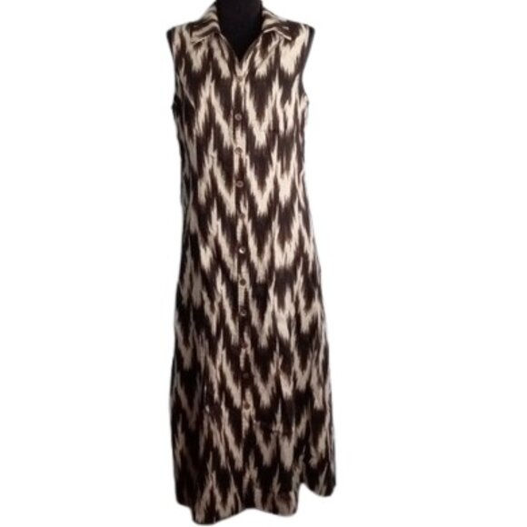 Chico's 1.5 M Shirt Dress Abalone Shell Buttons Front Brown White Black Midi - Picture 1 of 13